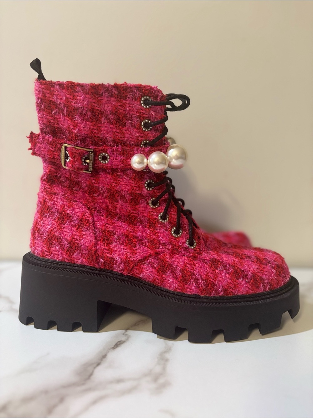 Betsey Johnson Hot Pink Tweed Pearl-Embellished Lace-Up Combat Boots